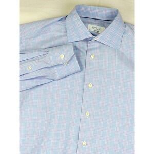 ETON Contemporary Men's Dress Shirt Light Blue Pink Plaid Size 16 1/2 42